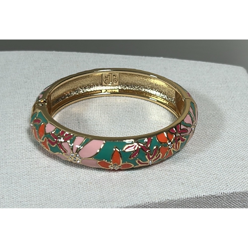 Lilly Pulitzer Gold Tone Enamel  Floral Hinged Bangle Bracelet Cloisonné Stamped